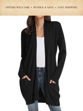 Open Front Long Knit Cardigan Sweater Shawl Collar Pockets Women